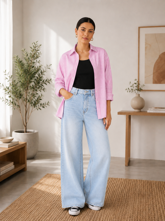 TRIO PACK (WHITE AND PINK STRIPES BUTTON DOWN SHIRT WITH BLACK INNER AND SKY BLUE FADED WIDE LEG JEANS)