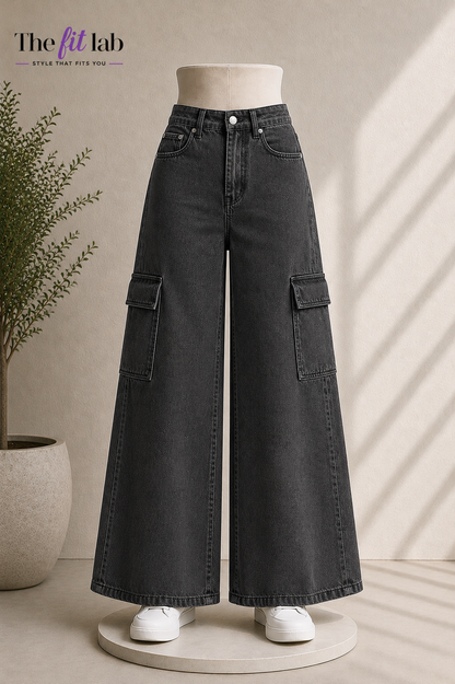 DARK GREY WIDE LEG CARGO JEANS