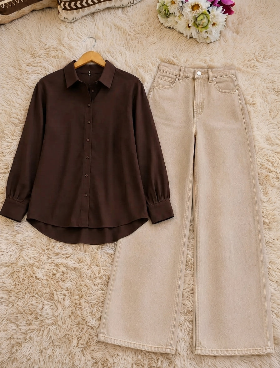 DUO PACK ( DARK BROWN BUTTON DOWN SHIRT WITH BEIGE WIDE LEG JEANS )