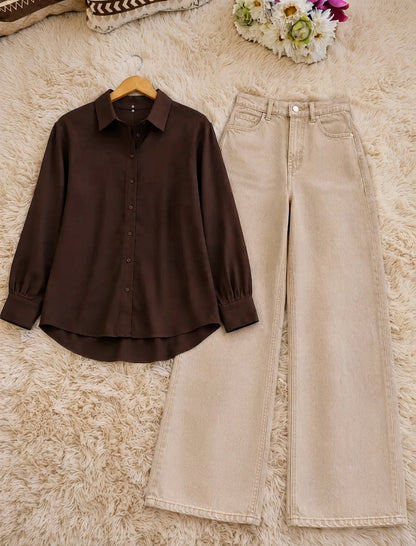 DUO PACK ( DARK BROWN BUTTON DOWN SHIRT WITH BEIGE WIDE LEG JEANS )