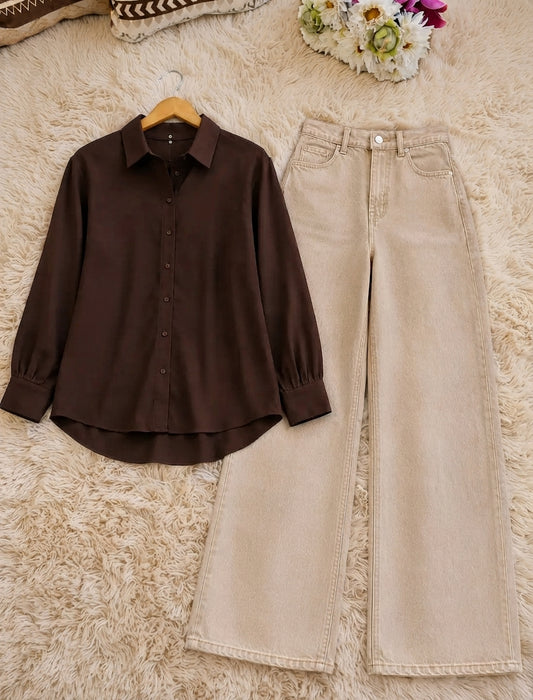 DUO PACK ( DARK BROWN BUTTON DOWN SHIRT WITH BEIGE WIDE LEG JEANS )