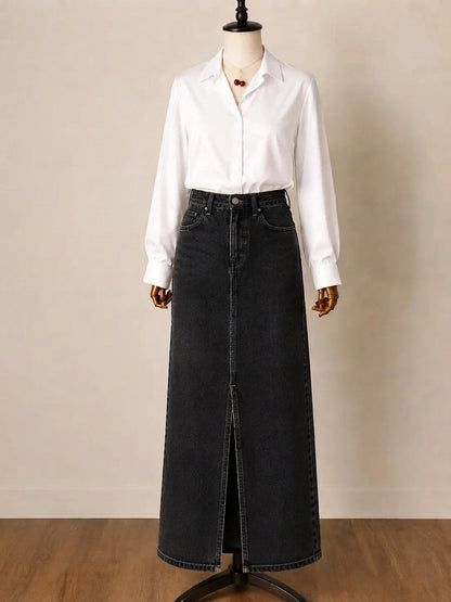 DUO PACK ( WHITE BUTTON DOWN SHIRT WITH MALAYSIAN BLACK DENIM SKIRT )