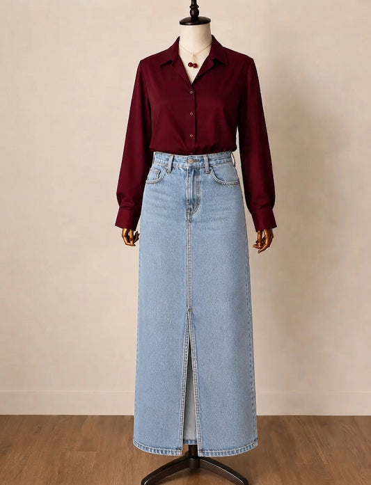 DUO PACK ( MAROON BUTTON DOWN SHIRT WITH SKY BLUE DENIM SKIRT )