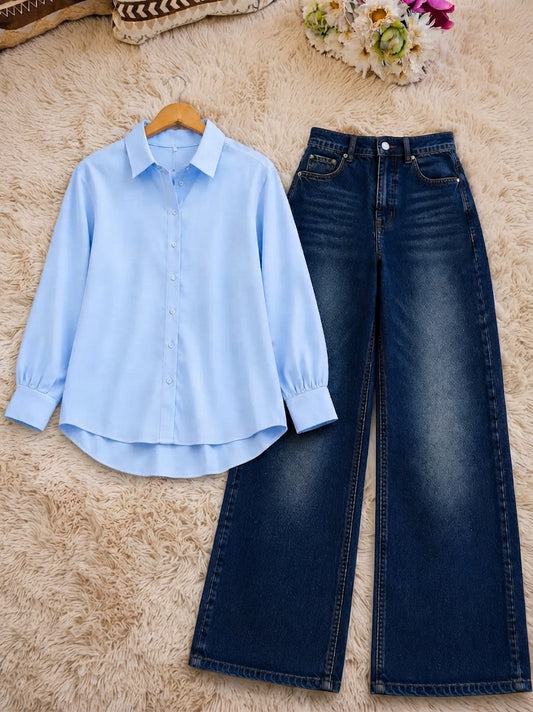 DUO PACK (SKY BLUE BUTTON DOWN SHIRT WITH DARK BLUE FADED WIDE LEG JEANS)