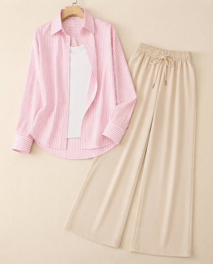 TRIO PACK ( WHITE AND PINK STRIPES BUTTON DOWN SHIRT WITH WHITE INNER AND BEIGE FLAPPER TROUSER)