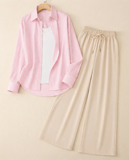 TRIO PACK ( WHITE AND PINK STRIPES BUTTON DOWN SHIRT WITH WHITE INNER AND BEIGE FLAPPER TROUSER)