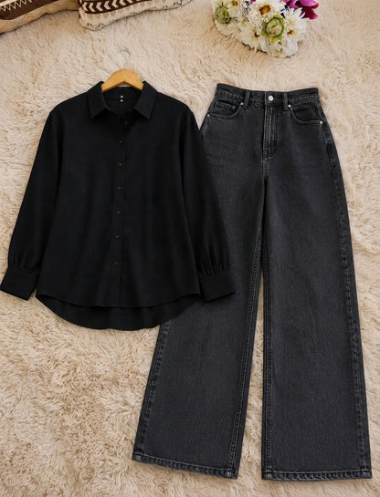 DUO PACK (BLACK BUTTON DOWN SHIRT WITH CHARCOAL GREY WIDE LEG JEANS)