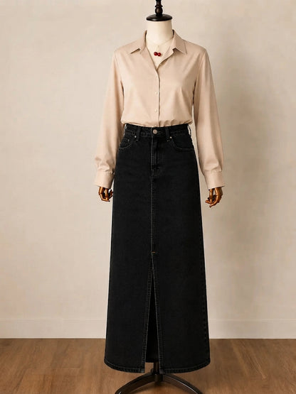 DUO PACK ( BEIGE BUTTON DOWN SHIRT WITH BLACK DENIM SKIRT )