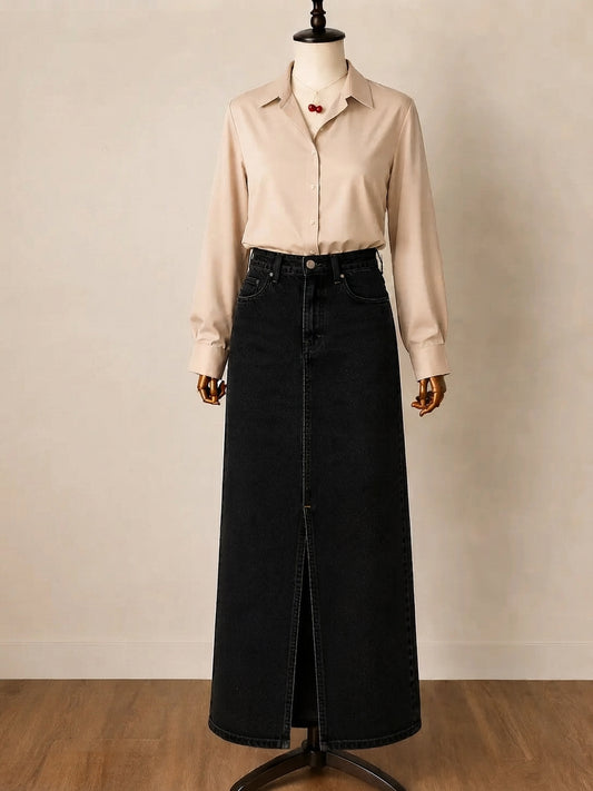 DUO PACK ( BEIGE BUTTON DOWN SHIRT WITH BLACK DENIM SKIRT )