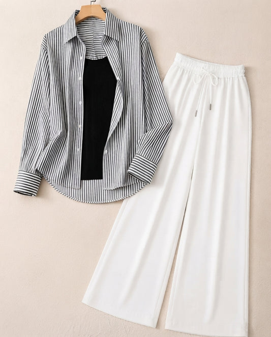TRIO PACK ( WHITE AND BLACK STRIPES BUTTON DOWN SHIRT WITH BLACK INNER AND WHITE FLAPPER TROUSER)
