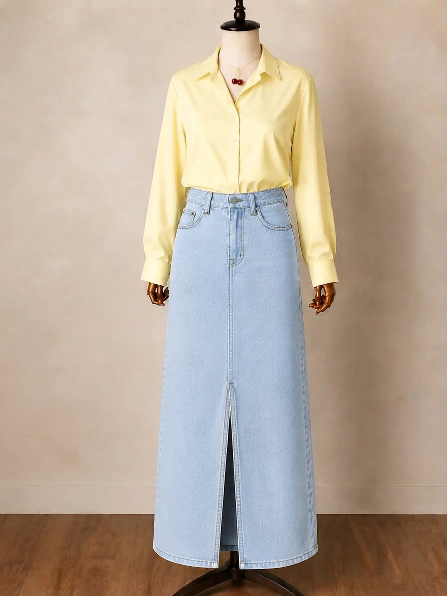 DUO PACK ( BUTTER YELLOW BUTTON DOWN SHIRT WITH ICE BLUE DENIM SKIRT )