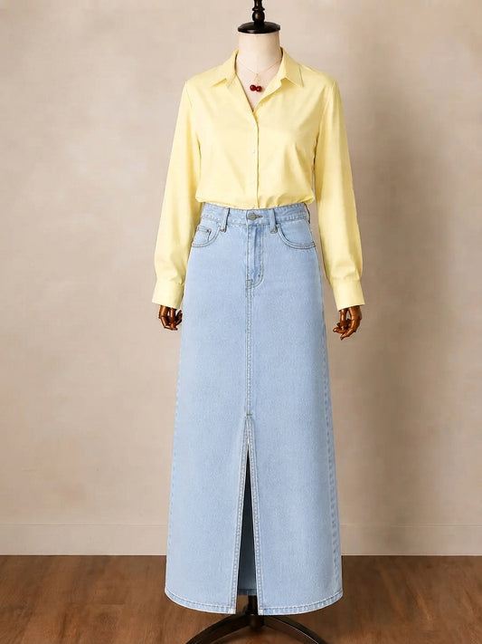 DUO PACK ( BUTTER YELLOW BUTTON DOWN SHIRT WITH ICE BLUE DENIM SKIRT )