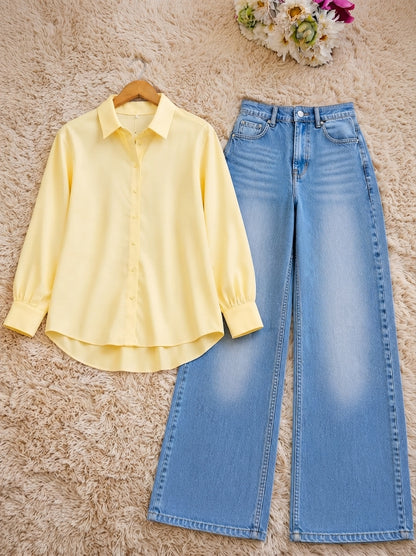DUO PACK (BUTTER YELLOW BUTTON DOWN SHIRT WITH SKY BLUE FADED WIDE LEG JEANS)