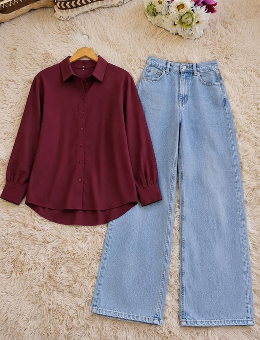 DUO PACK (MAROON BUTTON DOWN SHIRT WITH SKY BLUE WIDE LEG JEANS)