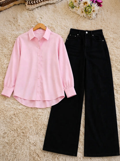 DUO PACK (BABY PINK BUTTON DOWN SHIRT WITH BLACK WIDE LEG JEANS)