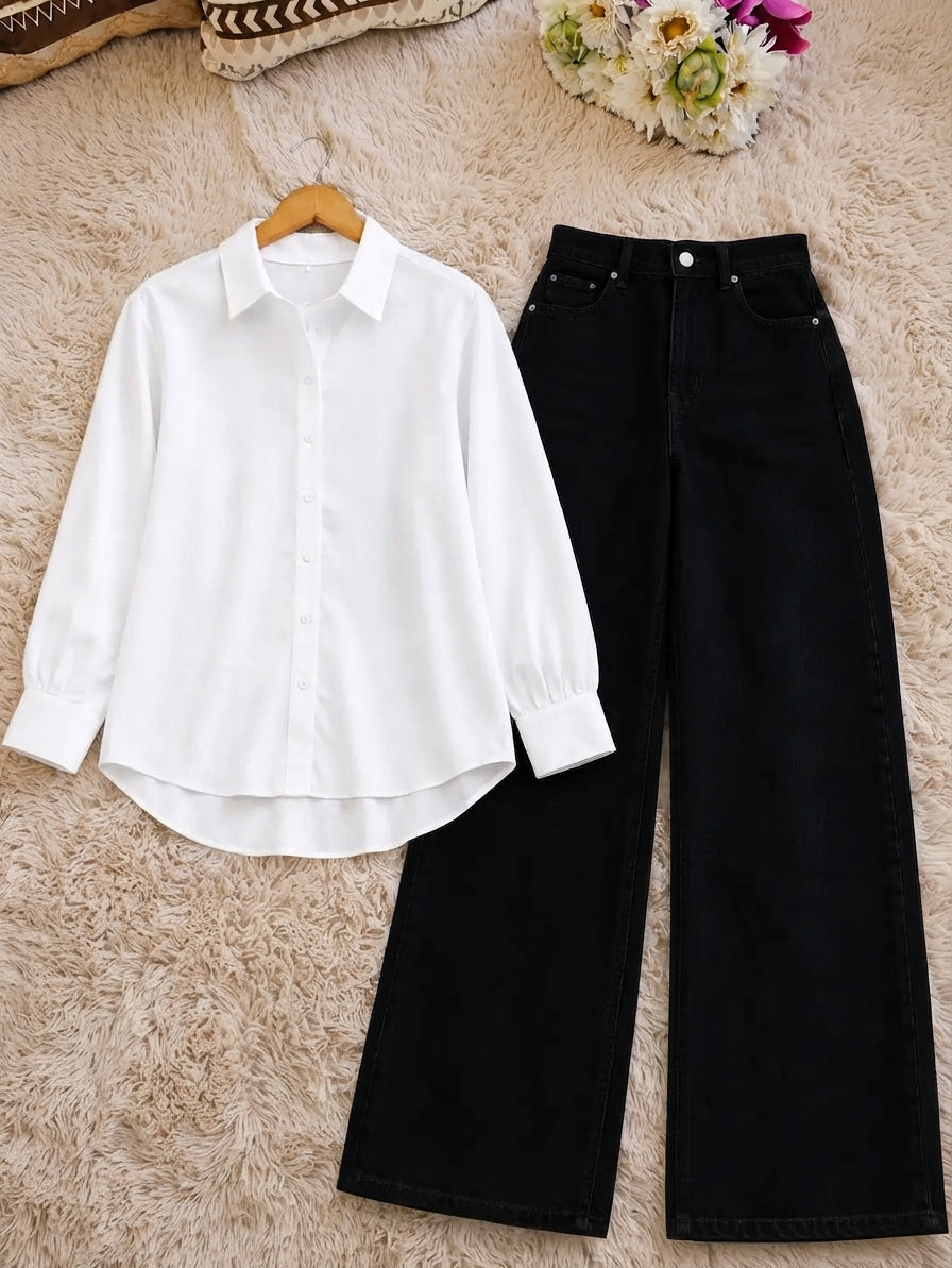 DUO PACK (WHITE BUTTON DOWN SHIRT WITH BLACK WIDE LEG JEANS.)