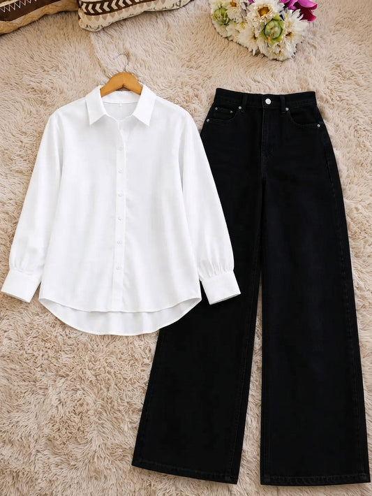 DUO PACK (WHITE BUTTON DOWN SHIRT WITH BLACK WIDE LEG JEANS.)