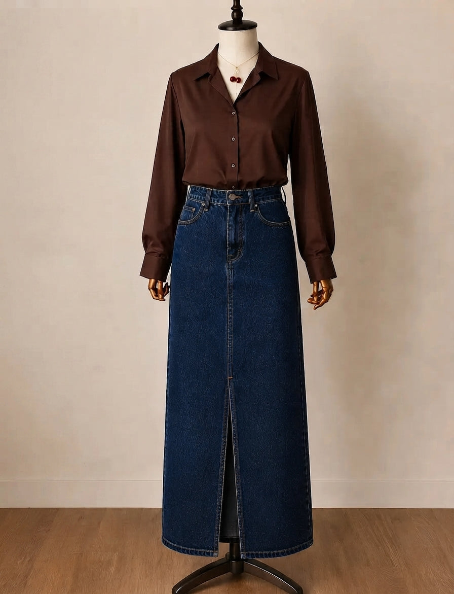 DUO PACK ( DARK BROWN BUTTON DOWN SHIRT WITH DARK MID BLUE DENIM SKIRT )