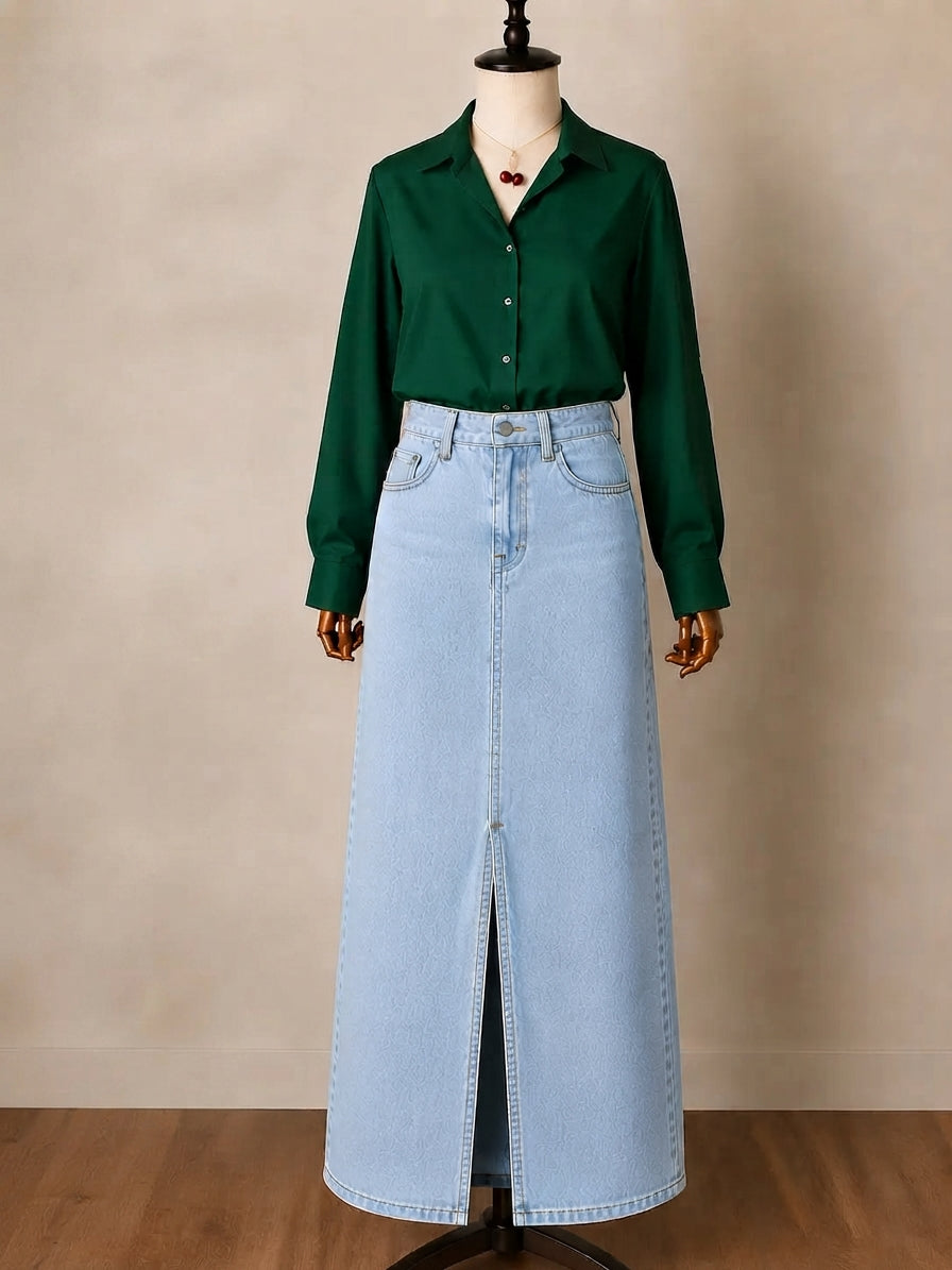 DUO PACK ( OLIVE GREEN BUTTON DOWN SHIRT WITH SKY BLUE DENIM SKIRT )