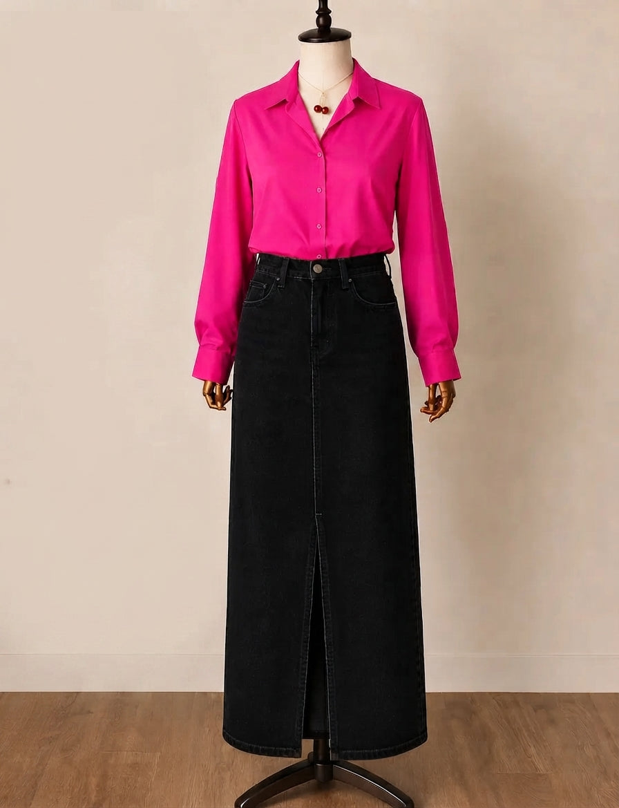 DUO PACK ( SHOCKING PINK BUTTON DOWN SHIRT WITH BLACK DENIM SKIRT )