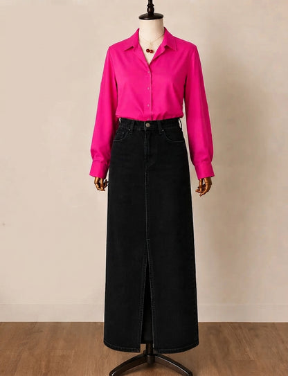 DUO PACK ( SHOCKING PINK BUTTON DOWN SHIRT WITH BLACK DENIM SKIRT )