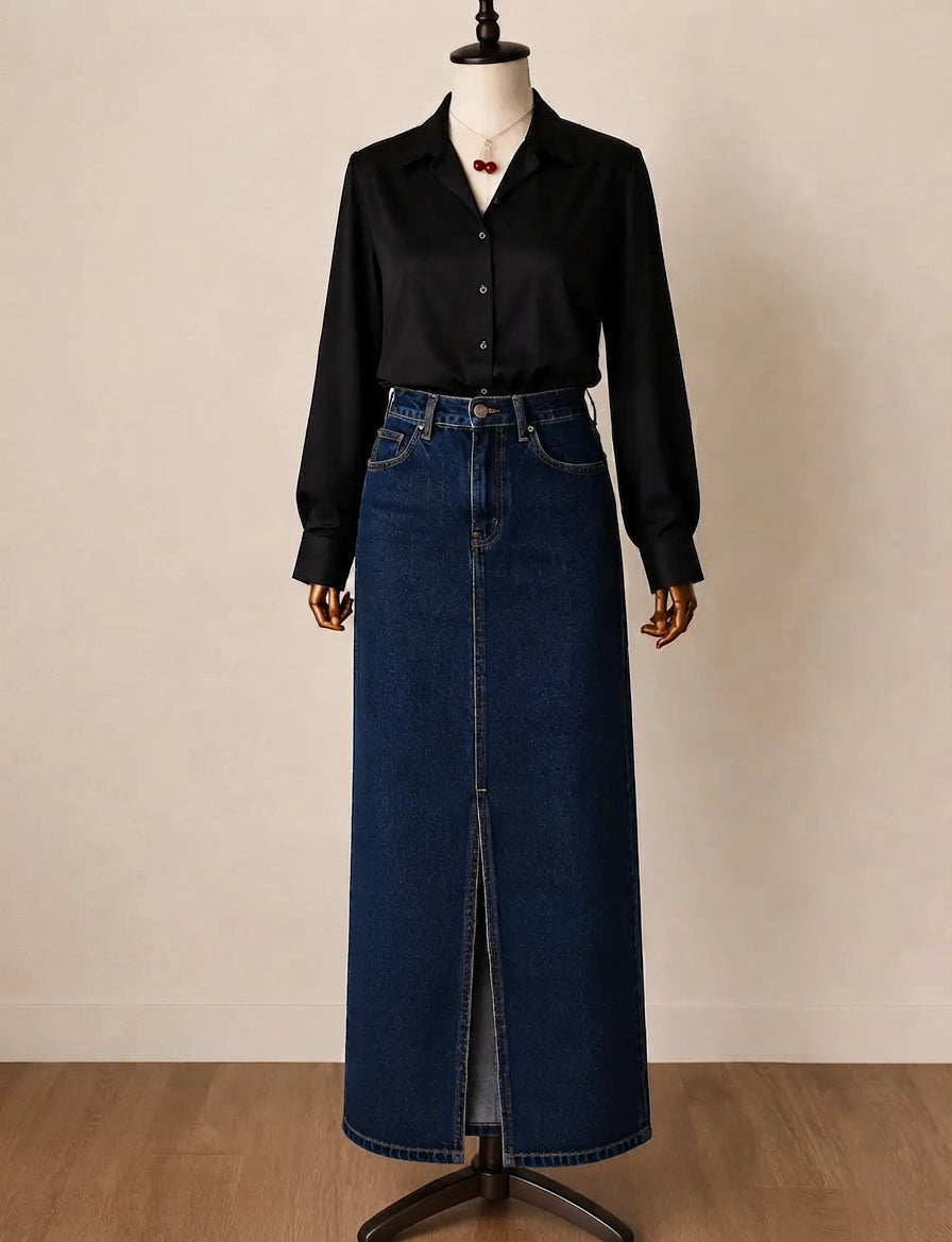 DUO PACK ( BLACK BUTTON DOWN SHIRT WITH DARK BLUE DENIM SKIRT )