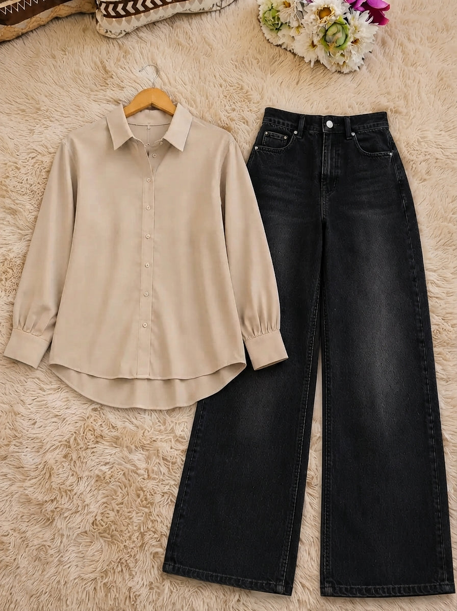 DUO PACK (BEIGE BUTTON DOWN SHIRT WITH MALAYSIAN BLACK WIDE LEG JEANS)