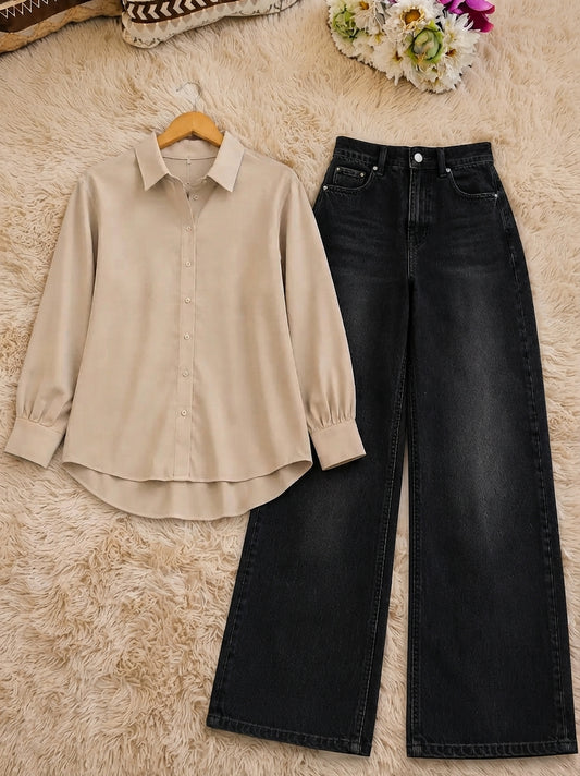 DUO PACK (BEIGE BUTTON DOWN SHIRT WITH MALAYSIAN BLACK WIDE LEG JEANS)