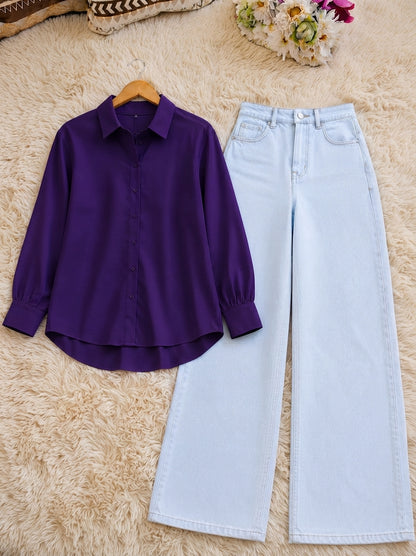 DUO PACK (DARK PURPLE BUTTON DOWN SHIRT WITH ICE BLUE WIDE LEG JEANS)