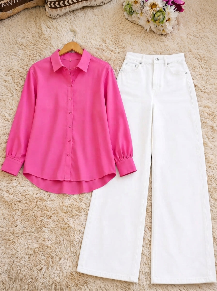 DUO PACK (SHOCKING PINK BUTTON DOWN SHIRT WITH WHITE WIDE LEG JEANS)