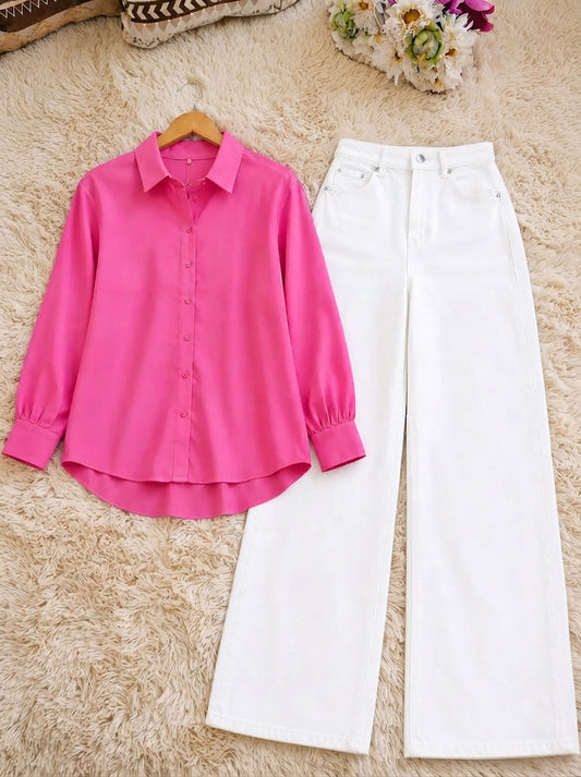 DUO PACK (SHOCKING PINK BUTTON DOWN SHIRT WITH WHITE WIDE LEG JEANS)