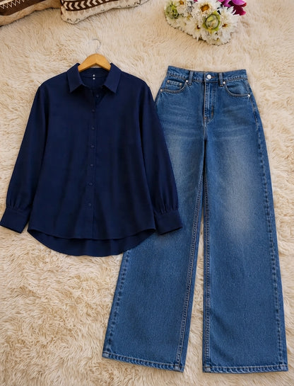 DUO PACK (NAVY BLUE BUTTON DOWN SHIRT WITH MID BLUE FADED WIDE LEG JEANS)