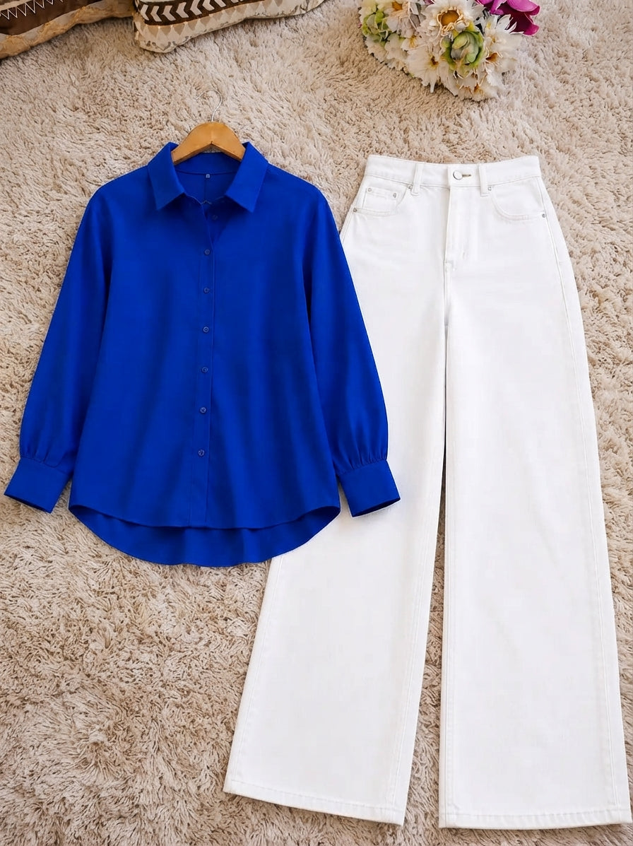 DUO PACK ( ROYAL BLUE BUTTON DOWN SHIRT WITH WHITE WIDE LEG JEANS )