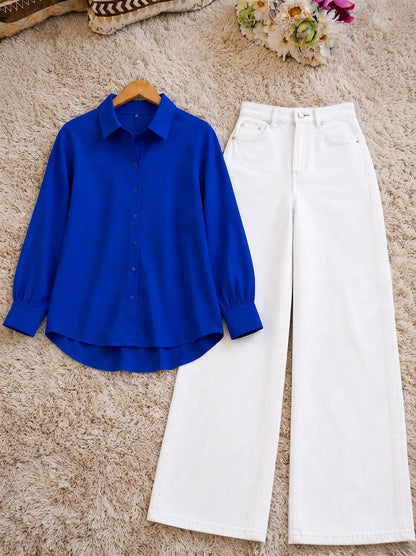 DUO PACK ( ROYAL BLUE BUTTON DOWN SHIRT WITH WHITE WIDE LEG JEANS )