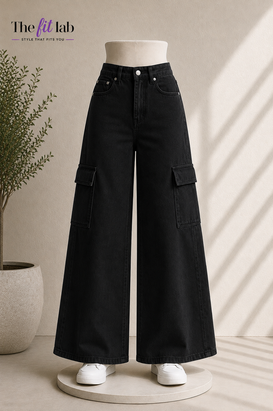 JET BLACK WIDE LEG CARGO JEANS
