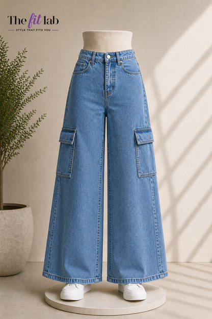 MID BLUE WIDE LEG CARGO JEANS