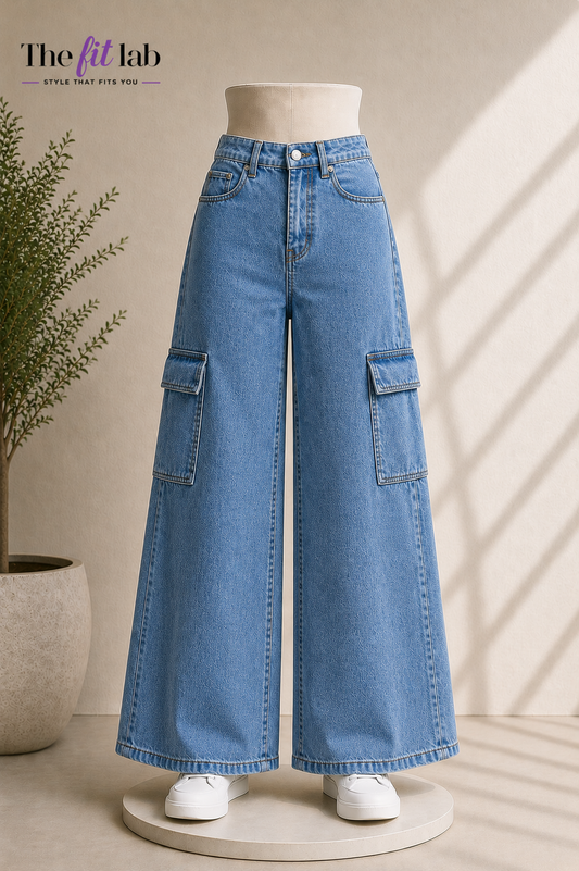 MID BLUE WIDE LEG CARGO JEANS