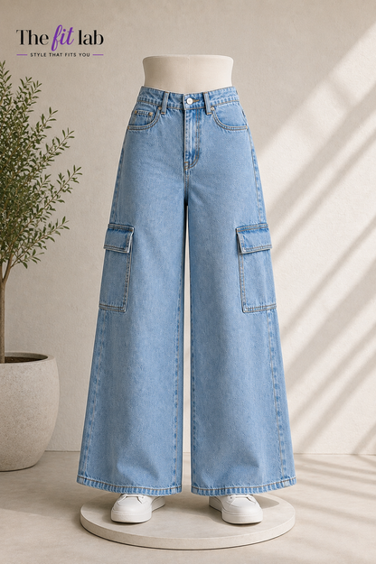 SKY BLUE WIDE LEG CARGO JEANS