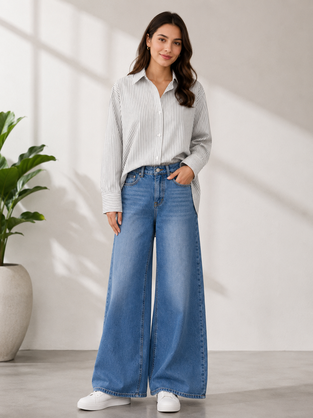 DUO PACK ( WHITE AND BLACK STRIPES BUTTON DOWN SHIRT WITH MID BLUE FADED WIDE LEG JEANS )