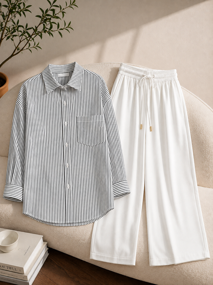 PACK OF 2  ( WHITE AND BLACK STRIPES BUTTON DOWN SHIRT WITH WHITE FLAPPER TROUSER )