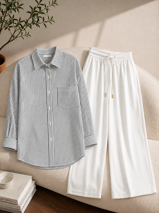 PACK OF 2  ( WHITE AND BLACK STRIPES BUTTON DOWN SHIRT WITH WHITE FLAPPER TROUSER )