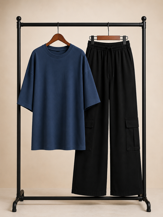 DUO PACK ( PETROLEUM BLUE BAGGY TEE WITH BLACK CARGO WIDE LEG JEANS )