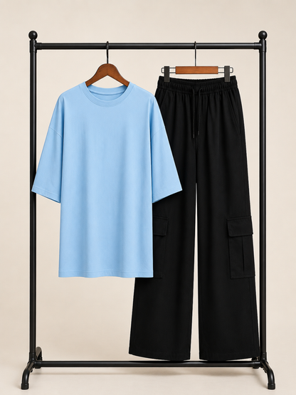 DUO PACK ( SKY BLUE BAGGY TEE WITH BLACK CARGO WIDE LEG JEANS )