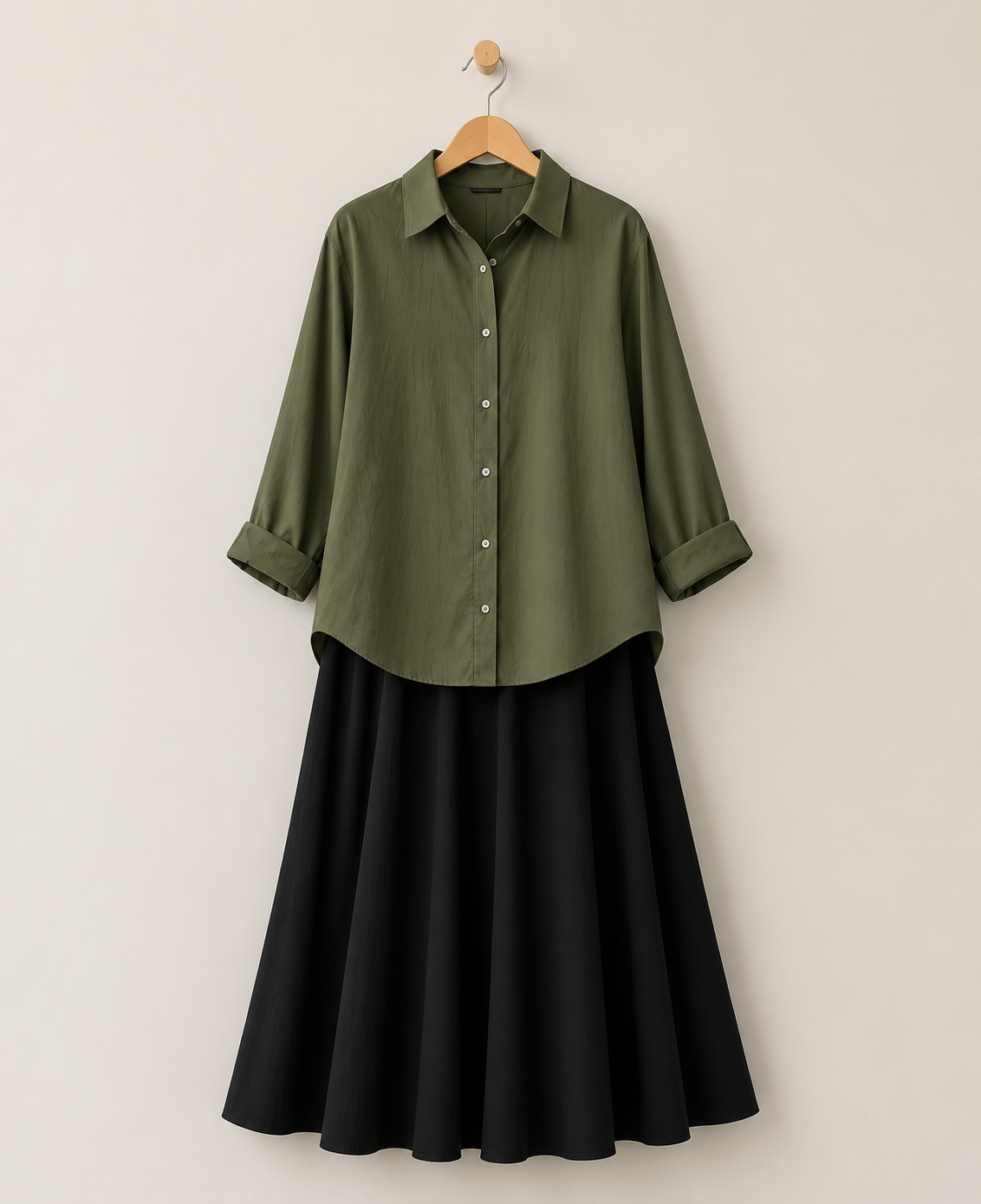 PACK OF 2  ( OLIVE GREEN BUTTON DOWN SHIRT WITH BLACK MAXI SKIRT )
