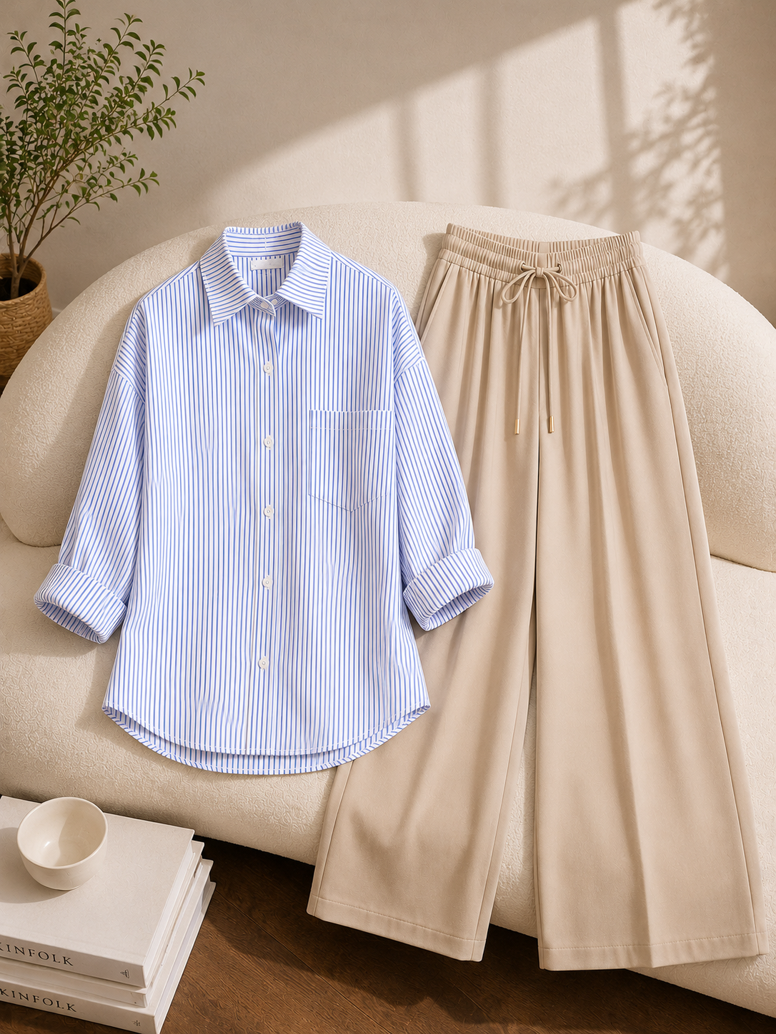 PACK OF 2  ( WHITE AND BLUE STRIPES BUTTON DOWN SHIRT WITH BEIGE FLAPPER TROUSER )