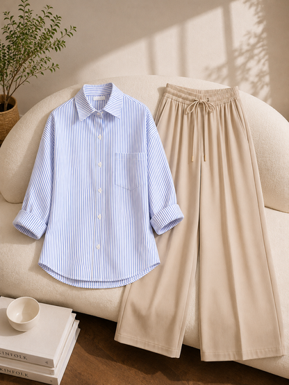 PACK OF 2  ( WHITE AND BLUE STRIPES BUTTON DOWN SHIRT WITH BEIGE FLAPPER TROUSER )