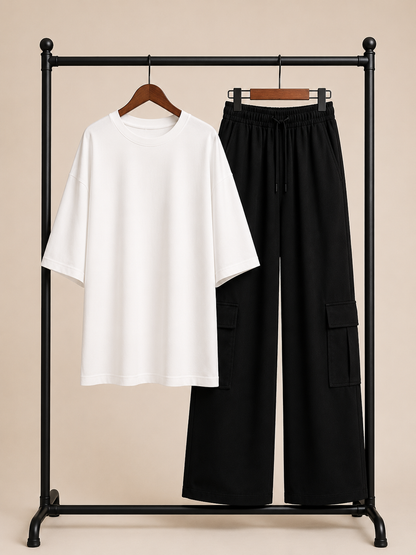 DUO PACK ( WHITE BAGGY TEE WITH BLACK CARGO WIDE LEG JEANS )