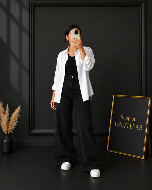 (TRIO PACK) WHITE BUTTON DOWN SHIRT WITH BLACK INNER AND JET BLACK WIDE LEG JEANS