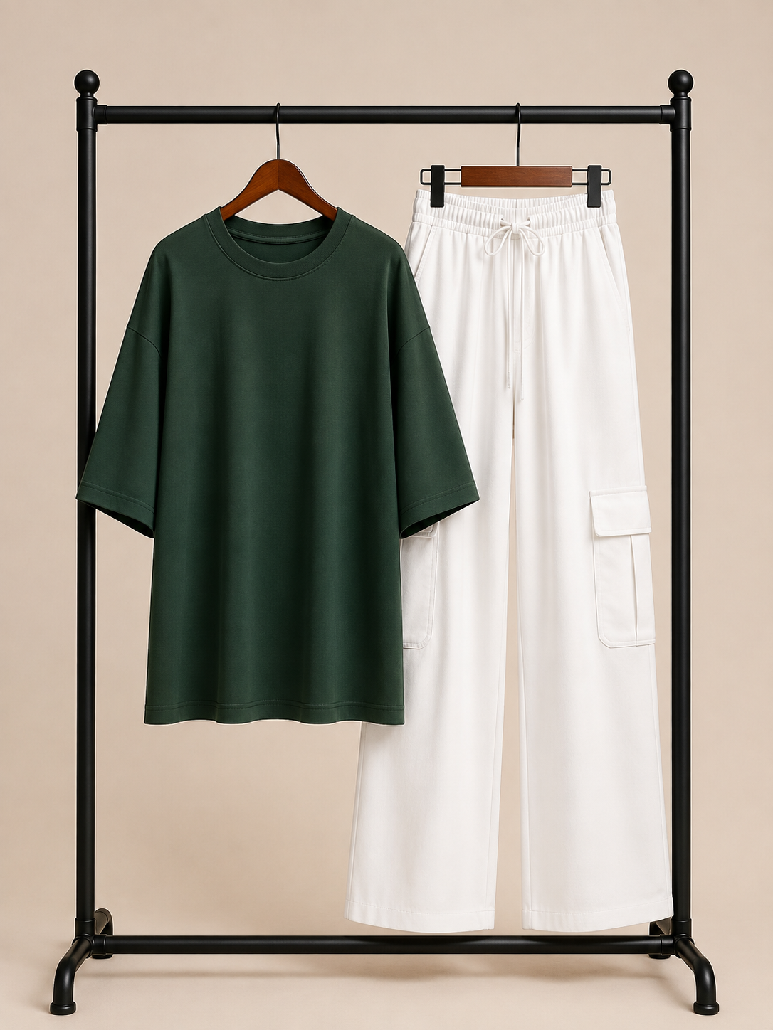 DUO PACK ( BOTTLE GREEN BAGGY TEE WITH WHITE CARGO WIDE LEG JEANS )