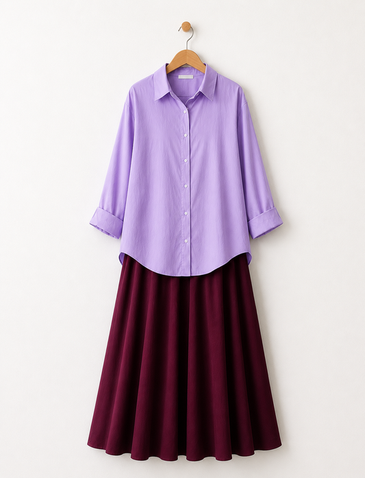 PACK OF 2( LILAC BUTTON DOWN SHIRT WITH MAROON MAXI SKIRT )